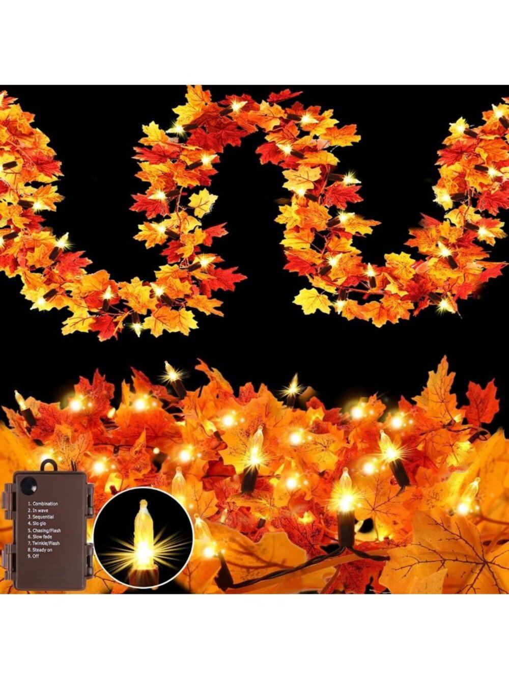 2-Pack 20ft LED Fall Garland with Timer, Battery Operated Orange Lights for Home